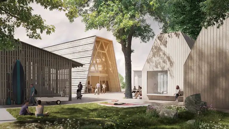 Visualisering af Naturlandsbyen lavet af Reiulf Ramstad Arkitekter.